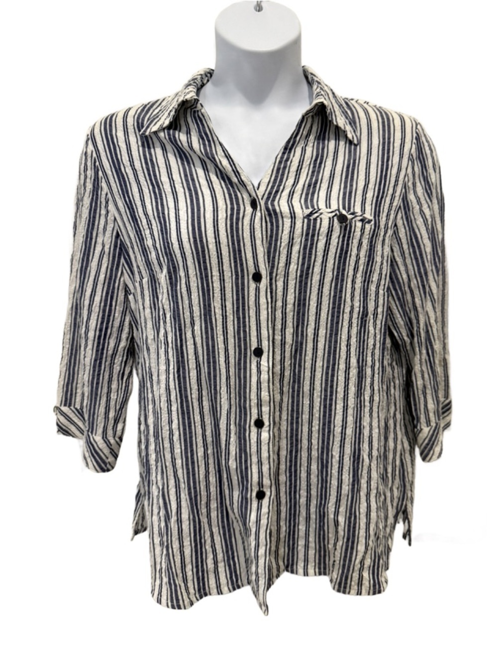 Plus size Button up Linen Blend Shirt - Navy & Cream by Allison Daley. 14